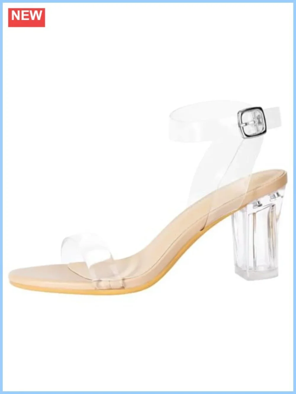 Clear Heels Women Block Chunky Mid High Heeled PU Sandals Open Toe